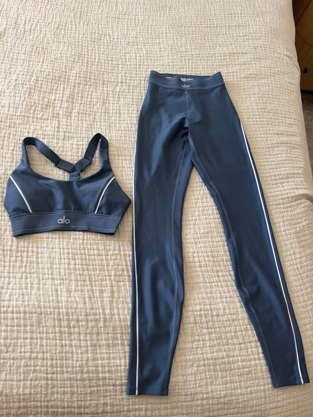 ALO Yoga Airlift Navy Sports Bra and Leggings Set.